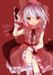 Rule 34 | 1girl, bad id, bad pixiv id, bat wings, bobby socks, character name, dated, hat, highres, kedama milk, pointy ears, red eyes, remilia scarlet, short hair, silver hair, simple background, sketch, socks, solo, touhou, wings, wrist cuffs