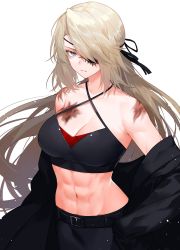 Rule 34 | 1girl, abs, bare shoulders, belt, belt buckle, breasts, buckle, cleavage, commentary request, eyepatch, grey eyes, grey hair, highres, jacket, long hair, long sleeves, looking at viewer, lydia macarthur, medium breasts, midriff, navel, open clothes, open jacket, original, scar, simple background, solo, very long hair, waka (shark waka), white background