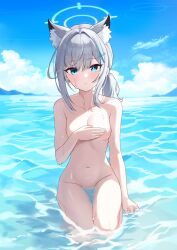Rule 34 | 1girl, absurdres, animal ear fluff, animal ears, blue archive, blue eyes, blush, breasts, completely nude, cross hair ornament, day, extra ears, goyain, grey hair, hair ornament, highres, looking at viewer, medium breasts, medium hair, mismatched pupils, navel, nude, ocean, outdoors, shiroko (blue archive), solo, water, wolf ears