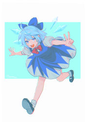 Rule 34 | 1girl, arms up, artist name, black footwear, blue background, blue bow, blue dress, blue eyes, blue hair, border, bow, bowtie, breasts, cirno, collared shirt, commentary, dress, eyes visible through hair, grey shirt, grey socks, hair between eyes, hands up, highres, ice, ice wings, looking to the side, medium breasts, noriuma, open mouth, outside border, puffy short sleeves, puffy sleeves, red bow, red bowtie, running, shirt, shoes, short hair, short sleeves, simple background, smile, socks, solo, teeth, tongue, touhou, v, white border, wings