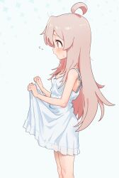 Rule 34 | 1girl, ahoge, blush, brown eyes, brown hair, chagama teishoku, clothes lift, dress, dress lift, from side, highres, lifting own clothes, long hair, onii-chan wa oshimai!, open mouth, oyama mahiro, solo, sundress, white dress