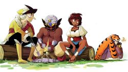 Rule 34 | 2boys, 2girls, ajna (indivisible), ankle wrap, beads, bike shorts, bracelet, brown eyes, brown hair, commentary, dark skin, fire, hair ornament, highres, holding, indivisible, jewelry, lantern, log, looking at another, looking back, multiple boys, multiple girls, open mouth, razmi (indivisible), sandals, sash, sepiame, short hair, sitting, pelt, tungar, tungar (indivisible), white background, zebei (indivisible)