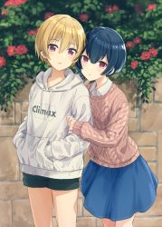 Rule 34 | 2girls, aran sweater, arm hug, blonde hair, blue hair, blue shorts, blue skirt, blush, brown sweater, bush, cable knit, clothes writing, collared shirt, commentary request, cowboy shot, day, drawstring, ear piercing, flower, hair between eyes, hands in pocket, hood, hood down, hoodie, idolmaster, idolmaster shiny colors, long sleeves, looking at viewer, miniskirt, morino rinze, multiple girls, outdoors, parted lips, piercing, pink eyes, pocket, red eyes, red flower, saijo juri, shirt, short hair, shorts, skirt, sleeves past wrists, standing, suke (momijigari), sweater, white hoodie, white shirt