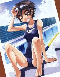 Rule 34 | 1girl, artist request, black hair, breasts, grin, looking at viewer, medium breasts, one-piece swimsuit, one eye closed, outdoors, photo (object), pool, school swimsuit, short hair, sitting, sky, smile, solo, spread legs, swim goggles, swimsuit, tomboy, wink