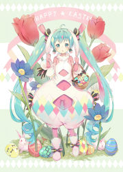 Rule 34 | 1girl, :o, albino, alternate costume, animal ears, aqua eyes, aqua hair, argyle, argyle clothes, argyle cutout, banner, basket, blue flower, blush, bodysuit, boots, bow, carrying, character name, clothing cutout, covered navel, crotch cutout, curly hair, daisy, detached sleeves, earrings, easter, easter egg, egg, egg earrings, ekita kuro, english text, flower, footwear bow, full body, gem (symbol), grabbing, grass, hair bow, happy easter, hatsune miku, highres, holding ears, jewelry, leaf, leg up, long hair, multicolored eyes, multicolored hair, mushroom, navel cutout, open mouth, oversized object, pink bodysuit, pink bow, pink flower, puffy pants, rabbit, rabbit ears, ribbon-trimmed sleeves, ribbon trim, shoes, solo, striped, striped bow, tulip, twintails, unitard, very long hair, vocaloid, white flower, white footwear, white sleeves