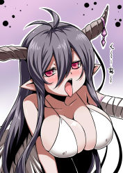 Rule 34 | 10s, 1girl, :o, antenna hair, bandaged arm, bandages, blush, breasts, closed eyes, collarbone, danua, draph, female focus, gradient background, granblue fantasy, horn ornament, horns, large breasts, long hair, looking at viewer, open mouth, outline, pink eyes, pointy ears, purple hair, solo, spaghetti strap, tongue, tongue out, tukiwani, upper body