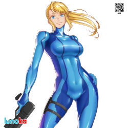 Rule 34 | 1girl, arm at side, artist name, blonde hair, blue bodysuit, blue eyes, bodysuit, breasts, collarbone, covered navel, cowboy shot, floating hair, gluteal fold, gun, hand on own hip, handgun, high ponytail, holding, holding gun, holding weapon, holster, impossible bodysuit, impossible clothes, lips, long hair, looking at viewer, lunoka, medium breasts, metroid, nintendo, ponytail, samus aran, shiny clothes, sidelocks, simple background, skin tight, smile, solo, swept bangs, thigh holster, weapon, white background, zero suit