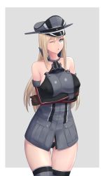 Rule 34 | 1girl, armor, bare shoulders, bismarck (kancolle), blonde hair, blue eyes, blush, breastplate, breasts, detached sleeves, gloves, grey background, grey thighhighs, hair between eyes, hair ornament, hat, highres, kantai collection, large breasts, long hair, looking at viewer, military, military hat, military uniform, odachu, one eye closed, open mouth, peaked cap, solo, thighhighs, two-tone background, underboob, uniform, white background