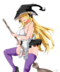 Rule 34 | 1girl, :p, alternate color, apron, bare shoulders, blonde hair, breasts, broom, broom riding, cleavage, covered erect nipples, creatures (company), crotch rub, cynthia (pokemon), female focus, female masturbation, game freak, hair ornament, hair over one eye, hair tubes, hat, high heels, highres, large breasts, long hair, looking at viewer, masturbation, naked apron, naughty face, nintendo, no bra, no panties, nyuu (manekin-eko), pleated skirt, pokemon, purple thighhighs, saliva, shiny clothes, shiny skin, shoes, simple background, skirt, solo, thighhighs, tongue, tongue out, very long hair, white background, witch, witch hat, yellow eyes