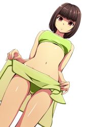 Rule 34 | 1girl, bare arms, bare shoulders, bikini, black hair, blush, clothes lift, cowboy shot, dutch angle, female focus, from below, frown, green bikini, highres, looking at viewer, looking down, matsunaga kouyou, navel, original, red eyes, sarong, sarong lift, short hair, simple background, solo, swimsuit, white background