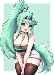 Rule 34 | absurdres, alternate costume, breasts, celischo, green eyes, green hair, highres, large breasts, pneuma (xenoblade), ponytail, solo, xenoblade chronicles (series), xenoblade chronicles 2