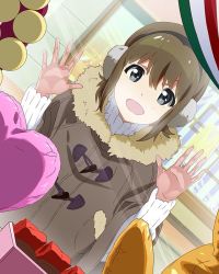 Rule 34 | 10s, 1girl, :d, against glass, blue eyes, breath, brown hair, coat, dutch angle, earmuffs, food, fur trim, hayashida airi, mole, mole under eye, official art, open mouth, short hair, smile, solo, sweets, wake up girls!, wake up girls! stage no tenshi, winter clothes