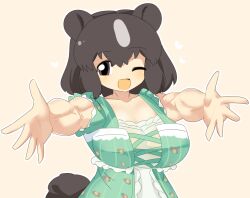 Rule 34 | 1girl, :d, animal ears, bear ears, bear girl, bear tail, blush, breasts, brown bear (kemono friends), cleavage, commentary request, cross-laced clothes, cross-laced dress, dress, green dress, heart, kemono friends, large breasts, lets0020, looking at viewer, medium bangs, muscular, muscular female, one eye closed, open mouth, pink background, puffy short sleeves, puffy sleeves, reaching, reaching towards viewer, short hair, short sleeves, simple background, smile, solo, tail, upper body