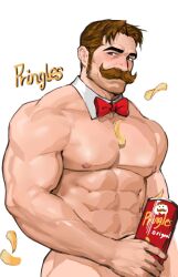 Rule 34 | 1boy, abs, bara, between pectorals, blush, bow, bowtie, brown hair, chips (food), completely nude, covering crotch, covering privates, detached collar, dopey (dopq), facial hair, food, food on body, food on pectorals, highres, julius pringles, large pectorals, long sideburns, looking at viewer, male focus, mature male, muscular, muscular male, nipples, nude, old, old man, pectorals, potato chips, pringles, pringles can, red bow, red bowtie, short hair, sideburns, sideburns stubble, sideways glance, solo, strongman waist, stubble, thick eyebrows, thick mustache, wrinkled skin