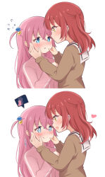 Rule 34 | 2girls, :d, @ @, blush, bocchi the rock!, brown shirt, commentary request, cropped torso, cube hair ornament, eye contact, gotoh hitori, hair ornament, hands on another&#039;s face, heart, jacket, kita ikuyo, long sleeves, looking at another, multiple girls, nikoo, one side up, open mouth, pink hair, pink jacket, profile, red hair, shirt, simple background, smile, sweat, track jacket, translation request, upper body, white background, white shirt, yellow eyes, yuri