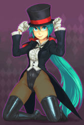 Rule 34 | 1girl, aqua eyes, bad id, bad pixiv id, black hat, blouse, boots, center frills, collared shirt, frills, gloves, green eyes, green hair, hat, hatsune miku, kneeling, leotard, long hair, magician, matching hair/eyes, miracle paint (vocaloid), pantyhose, ponytail, project diva, project diva (series), shirt, solo, tailcoat, thigh boots, thighhighs, top hat, very long hair, vocaloid, white shirt, yuuji (and)