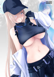 Rule 34 | 1girl, 2girls, armband, artist name, asuna (blue archive), bare shoulders, baseball cap, belt, black belt, black gloves, black hair, black headwear, black mask, black pants, black shirt, blue archive, blue eyes, blue halo, breasts, buckle, chark14, chest harness, coat, commentary, cosplay, cowboy shot, crop top, eyes visible through hair, fanbox username, gloves, grin, hair over one eye, halo, hand up, harness, hat, highres, holding, holding mask, large breasts, long hair, looking at viewer, mask, mouth mask, multiple girls, navel, off shoulder, paid reward available, pants, saori (blue archive), saori (blue archive) (cosplay), shirt, sidelocks, sleeveless, sleeveless shirt, smile, snap-fit buckle, solo focus, standing, stomach, teeth, underboob, unworn mask, white coat