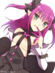 Rule 34 | 10s, 1girl, breasts, elizabeth bathory (fate), elizabeth bathory (fate/extra ccc), elizabeth bathory (first ascension) (fate), eyebrows, fate/extra, fate/extra ccc, fate (series), finger to mouth, green eyes, horns, long hair, medium breasts, ookami maito, open mouth, pointy ears, purple hair, simple background, small breasts, solo, white background