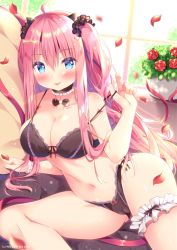 Rule 34 | 1girl, :p, ahoge, animal ears, bare shoulders, black bow, black bra, black choker, black panties, blonde hair, blue eyes, blurry, blurry background, blush, bow, bow panties, bra, bra pull, breasts, cameltoe, choker, cleavage, clothes pull, collarbone, flower, frilled straps, frills, gluteal fold, hair between eyes, hair ornament, hairclip, hand up, lace, lace-trimmed bra, lace trim, large breasts, lingerie, long hair, looking at viewer, lying, melonbooks, midriff, multicolored hair, navel, on side, original, panties, petals, pink hair, plant, potted plant, rose, single wrist cuff, solo, spread legs, streaked hair, suzukawa yui, thigh strap, thighs, tongue, tongue out, twintails, two-tone hair, underwear, very long hair, wrist cuffs