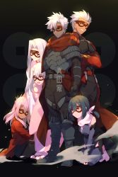 Rule 34 | 2boys, 4girls, archer (fate), armor, armored boots, bare shoulders, black armor, black hair, black pants, blush, boots, breastplate, breasts, brown eyes, capelet, chloe von einzbern, crossed arms, dark-skinned female, dark-skinned male, dark skin, echo (circa), emiya kiritsugu, emiya kiritsugu (assassin), fate/grand order, fate/kaleid liner prisma illya, fate/stay night, fate/zero, fate (series), feather hair ornament, feathers, gloves, grin, hair ornament, half updo, illyasviel von einzbern, irisviel von einzbern, japanese clothes, kimono, kneeling, long hair, low twintails, mask, miyu edelfelt, multiple boys, multiple girls, ninja, one eye closed, open mouth, pants, pink hair, prisma illya, red capelet, red eyes, red kimono, sash, scarf, sidelocks, sitting, small breasts, smile, spiked hair, thighhighs, twintails, waist cape, white hair, yellow eyes