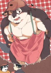 Rule 34 | 2boys, ?, animal ears, apron, bara, baseball cap, blush, bulge, cowboy shot, dog boy, dog ears, english text, furry, furry male, happy valentine, hat, highres, image in thought bubble, imagining, large pectorals, male focus, multiple boys, muscular, muscular male, naked apron, neck fur, original, pectoral cleavage, pectorals, sawch cls, smile, thought bubble, two-tone fur, upper body, valentine