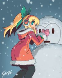 Rule 34 | 1girl, artist name, black pantyhose, blonde hair, bow, character snowman, coat, commentary request, earmuffs, feet out of frame, fur trim, green bow, green eyes, hair bow, long hair, long sleeves, looking at viewer, looking back, mega man (classic), mega man (series), mittens, open mouth, pantyhose, pink mittens, ponytail, red coat, roll (mega man), shisui, snowing, solo, winter clothes, winter coat