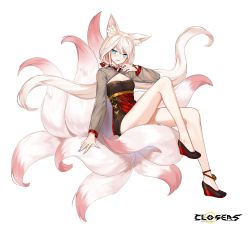 Rule 34 | 1girl, animal ear fluff, animal ears, bare legs, black dress, blue eyes, closers, dress, fox ears, fox tail, full body, high heels, highres, knee up, kyuubi, long hair, long sleeves, looking at viewer, low twintails, multiple tails, official art, see-through, see-through sleeves, seulbi lee, smile, smirk, solo, tail, thighs, tongue, tongue out, twintails, v-shaped eyebrows, very long hair, white hair