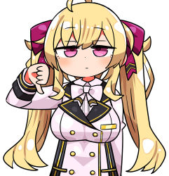 Rule 34 | 1girl, ahoge, blonde hair, bow, breasts, collared shirt, commentary request, hair between eyes, hair bow, hand up, jacket, jitome, kanikama, large breasts, long hair, long sleeves, looking at viewer, lowres, nijisanji, purple bow, purple eyes, shirt, simple background, solo, takamiya rion, thumbs down, twintails, upper body, very long hair, virtual youtuber, white background, white bow, white jacket, white shirt