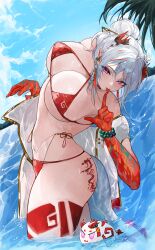 1girl absurdres arknights bikini braid breasts cleavage colored_skin dragon_girl dragon_horns dragon_tail earrings gradient_skin hair_bun highres horns jewelry multicolored_hair nian_(arknights) pointy_ears red_hair red_skin single_hair_bun solo streaked_hair swimsuit tail tongue tongue_out white_hair yuki_flourish