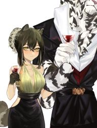 Rule 34 | 1boy, 1girl, alcohol, alternate costume, animal ears, arknights, artist request, cup, drinking glass, formal, furry, furry male, hair between eyes, mountain (arknights), out of frame, raccoon ears, raccoon girl, raccoon tail, red wine, robin (arknights), smile, suit, tail, tiger boy, tiger ears, tiger stripes, white fur, wine, wine glass