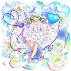 Rule 34 | 1girl, ;d, absurdres, commentary, dress, english commentary, flower, frilled dress, frills, full body, game cg, green eyes, green hair, heart, heart hands, heart of string, highres, komeiji koishi, komeiji koishi (white darkness of the earth&#039;s core), leg up, looking at viewer, medium hair, off-shoulder dress, off shoulder, one eye closed, open mouth, rose, rotte (1109), second-party source, smile, solo, third eye, touhou, touhou lostword, wedding dress, white dress, white flower, white footwear, white headwear, white rose