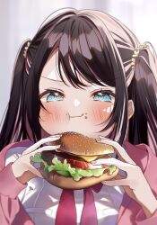 Rule 34 | 1girl, :t, black hair, blue eyes, blush, bow, burger, colored inner hair, eating, fingernails, food, food on face, highres, holding, holding food, jacket, kaga nazuna, long hair, looking at viewer, lupinus virtual games, multicolored hair, pink hair, pink jacket, pome charo, red bow, shirt, solo, swept bangs, two side up, upper body, v-shaped eyebrows, virtual youtuber, vspo!, white shirt