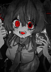 Rule 34 | 1girl, absurdres, aduma tobari, mismatched irises, bottle, collared shirt, detached sleeves, drooling, drugs, greyscale, hair between eyes, hands up, hatsune miku, highres, holding, holding bottle, holding syringe, long hair, long sleeves, looking at viewer, medicine, medicine bottle, monochrome, necktie, open mouth, pill, pill bottle, red eyes, ringed eyes, saliva, shirt, sleeveless, sleeveless shirt, solo, spot color, syringe, tears, teeth, twintails, upper body, vocaloid