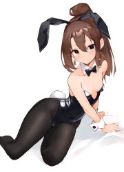 Rule 34 | 1girl, animal ears, arm support, bare shoulders, black bow, black bowtie, black pantyhose, bow, bowtie, breasts, brown eyes, brown hair, buttons, cleavage, closed mouth, collarbone, detached collar, earrings, fake animal ears, fake tail, hair between eyes, hairband, high ponytail, highres, jewelry, kantai collection, leotard, light blush, long hair, looking at viewer, lying, on side, pantyhose, playboy bunny, rabbit ears, rabbit tail, sidelocks, simple background, small breasts, smile, solo, strapless, tail, white background, wing collar, wrist cuffs, zarashi, zuihou (kancolle)