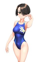 Rule 34 | 1girl, absurdres, black hair, blue one-piece swimsuit, blurry, blurry background, bob cut, breasts, commentary request, competition swimsuit, covered navel, cowboy shot, floral print, girls und panzer, green eyes, hair over one eye, highres, inverted bob, medium breasts, multicolored clothes, multicolored swimsuit, one-piece swimsuit, short hair, simple background, solo, swimsuit, takafumi, vanilla (girls und panzer), variant set, white background