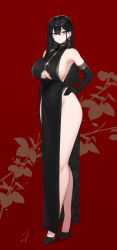 Rule 34 | 1girl, black dress, black footwear, black gloves, breasts, china dress, chinese clothes, classy-black-haired girl (hayabusa), clothing cutout, dress, duplicate, earrings, elbow gloves, full body, gloves, gold earrings, hair between eyes, hand on own hip, hayabusa (vert 320), high heels, highres, jewelry, large breasts, long hair, looking at viewer, mole, mole on breast, mole under eye, original, parted lips, pelvic curtain, pixel-perfect duplicate, purple eyes, red background, shorts, side slit, side slit shorts, sideboob, solo, standing, straight hair, thighs, underboob cutout, wide hips