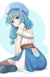 Rule 34 | 1girl, ass, bad id, bad pixiv id, beret, blue hair, blue panties, commentary, endro!, green eyes, hat, looking at viewer, looking back, meiza endust, off shoulder, panties, see-through, side slit, sitting, solo, thighhighs, underwear, wariza, yatsune rika