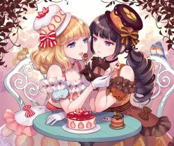 Rule 34 | 2girls, animal, bare shoulders, bird, black choker, black hair, black headwear, blonde hair, blue eyes, bow, brown dress, brown gloves, cake, chair, choker, collarbone, commentary request, dress, drill hair, food, food-themed clothes, fork, frilled dress, frills, fruit, gloves, hat, hat bow, holding, holding fork, long hair, low twintails, multiple girls, nishimura eri, off-shoulder dress, off shoulder, on chair, original, purple eyes, squirrel, strawberry, striped, striped bow, table, tilted headwear, twin drills, twintails, very long hair, white dress, white gloves, white headwear