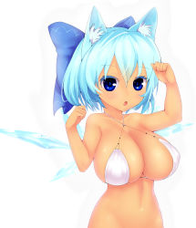 Rule 34 | 1girl, :o, absurdres, alternate breast size, alternate costume, animal ears, arantheus, bare shoulders, bikini, blue eyes, blue hair, blush, bottomless, bow, breasts, cat ears, cirno, cleavage, hair bow, highres, ice, ice wings, kemonomimi mode, large breasts, looking at viewer, matching hair/eyes, navel, non-web source, paw pose, short hair, simple background, solo, swimsuit, touhou, white background, white bikini, wings