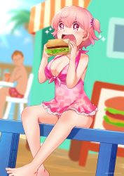 Rule 34 | 1boy, 1girl, absurdres, barefoot, blush, breasts, burger, cleavage, feet, food, full body, harurukan, highres, large breasts, one-piece swimsuit, one side up, open mouth, original, pink eyes, pink hair, short hair, sitting, solo focus, sparkle, swimsuit