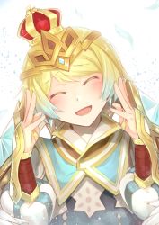Rule 34 | 1girl, blonde hair, blue eyes, blue hair, crown, dress, earrings, feather trim, fire emblem, fire emblem heroes, fjorm (fire emblem), gradient hair, highres, jewelry, looking at viewer, multicolored hair, nakabayashi zun, nintendo, short hair, simple background, smile, solo