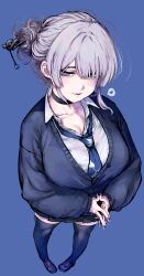 Rule 34 | 1girl, absurdres, anuttsuii, black choker, black skirt, black thighhighs, blue background, blue cardigan, blue necktie, breasts, cardigan, choker, closed mouth, collared shirt, fingernails, full body, grey eyes, grey hair, hair ornament, hair stick, heart, highres, itokonoue kaoru, large breasts, long fingernails, long sleeves, necktie, project kv, shirt, simple background, skirt, solo, spoken heart, standing, steepled fingers, thighhighs, white background