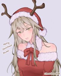 Rule 34 | 1girl, absurdres, alternate costume, antlers, arknights, artist name, bare shoulders, breasts, collarbone, commentary, dress, english commentary, english text, firewatch (arknights), green eyes, green hair, hair between eyes, hat, head tilt, highres, horns, long hair, long sleeves, looking at viewer, medium breasts, merry christmas, mole, mole under eye, red dress, reindeer antlers, reindeer girl, rheorheostat, ribbon, santa hat, solo, upper body, very long hair