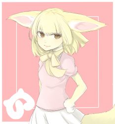 Rule 34 | 1girl, animal ears, blonde hair, breasts, closed mouth, commentary request, fennec (kemono friends), fox ears, fox tail, hair between eyes, highres, kemono friends, looking at viewer, matsunaga777, pink background, pink shirt, pleated skirt, raccoon ears, raccoon tail, shirt, short sleeves, skirt, small breasts, solo, tail, white skirt, yellow neckwear