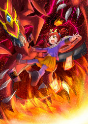 Rule 34 | 1boy, 1girl, artist request, card, claws, demon, demon wings, dragon, duel disk, duel monster, fire, highres, horns, long hair, looking at another, looking to the side, playing card, red hair, sharp teeth, smile, teeth, twintails, uria lord of searing flames, wings, yasuda uria, yu-gi-oh!, yu-gi-oh! tag force