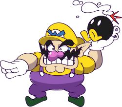 Rule 34 | 1boy, aiming, arms up, big nose, bob-omb, bomb, brown hair, clenched teeth, clothes writing, explosive, facial hair, full body, gloves, green footwear, hat, holding, jaggy lines, male focus, mario (series), mustache, nintendo, outstretched arm, overalls, pointing, pointy ears, pointy footwear, purple overalls, shirt, shoes, short hair, short sleeves, simple background, smoke, solo focus, standing, teeth, vilepluff, wario, white background, white eyes, white gloves, winding key, yellow headwear, yellow shirt