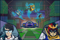 Rule 34 | 2boys, aircraft, armor, artfulhobbes, black hair, blue coat, blue falcon, bracelet, brown eyes, captain falcon, close-up, closed mouth, coat, cube, f-zero, flying car, ghost, ghost tail, glasses, grey jacket, helmet, high collar, highres, hover vehicle, jacket, jewelry, jrcomicart, mask, multiple boys, nintendo, pauldrons, race vehicle, real life, real life insert, red headwear, rubik&#039;s cube, scarf, science fiction, shirt, shoulder armor, single pauldron, smirk, the creator (f-zero), white eyes, white shirt, yellow scarf