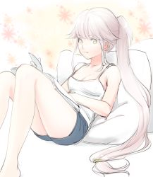 Rule 34 | 10s, 1girl, alternate costume, bad id, bad pixiv id, barefoot, book, breasts, cleavage, floral background, grey eyes, hair flaps, hairband, holding, holding book, kantai collection, long hair, looking at viewer, medium breasts, nonomori, open book, pillow, pink hair, ponytail, reading, shorts, sitting, solo, very long hair, yura (kancolle)