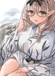Rule 34 | 1girl, blue archive, breasts, brown eyes, chinatsu (blue archive), chinatsu (hot spring) (blue archive), glasses, hair between eyes, twirling hair, hand in own hair, highres, japanese clothes, large breasts, light brown hair, long hair, long sleeves, looking at viewer, mizuta kenji, one-hour drawing challenge, parted lips, pointy ears, red-framed eyewear, solo, sweat, twitter username, water, wide sleeves