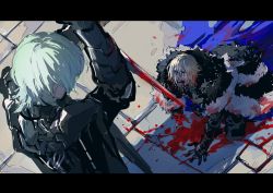 Rule 34 | 2boys, aqua hair, arms up, black coat, bleeding, blonde hair, blood, blood in hair, blood on clothes, blood on face, bloody weapon, blue cloak, byleth (fire emblem), byleth (male) (fire emblem), cloak, coat, crying, dimitri alexandre blaiddyd, facing another, fire emblem, fire emblem: three houses, from above, full body, fur trim, gauntlets, hair between eyes, hand on ground, highres, holding, holding sword, holding weapon, injury, kneeling, letterboxed, long coat, looking at another, looking up, male focus, medium hair, missing limb, multiple boys, nintendo, ogata tomio, open mouth, pool of blood, shouting, sketch, sword, upper body, weapon